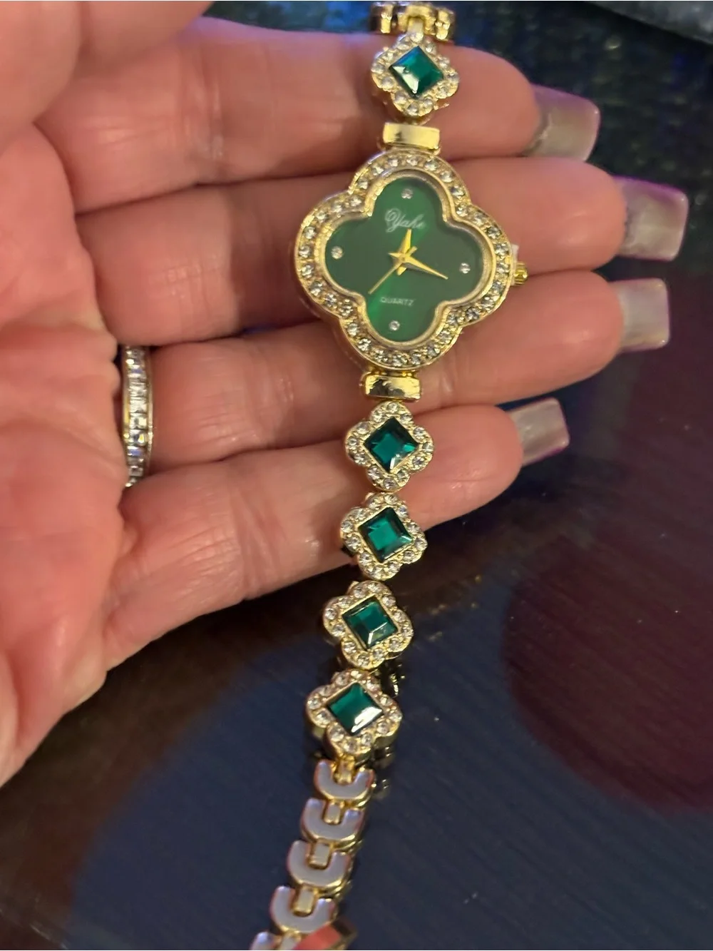 Watch-Emerald Green simulated 4 Leaf Clover GOLD TONE Watch Diamond like Bracel